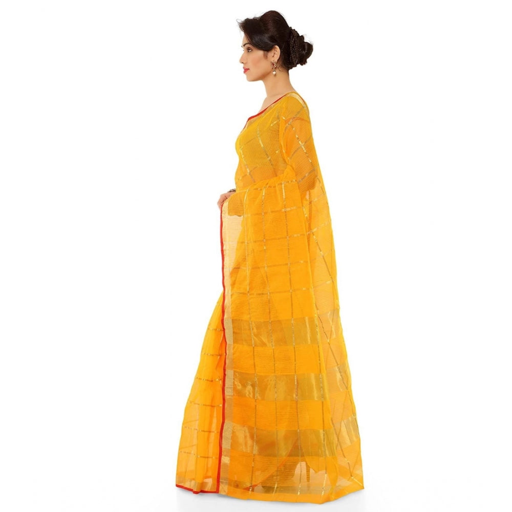 Clasymist Women's Kota Doria Cotton Saree With Blouse (Yellow,6-3 Mtrs)