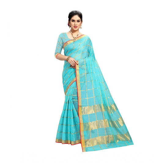 Clasymist Women's Kota Doria Cotton Saree With Blouse (Sky Blue,6-3 Mtrs)