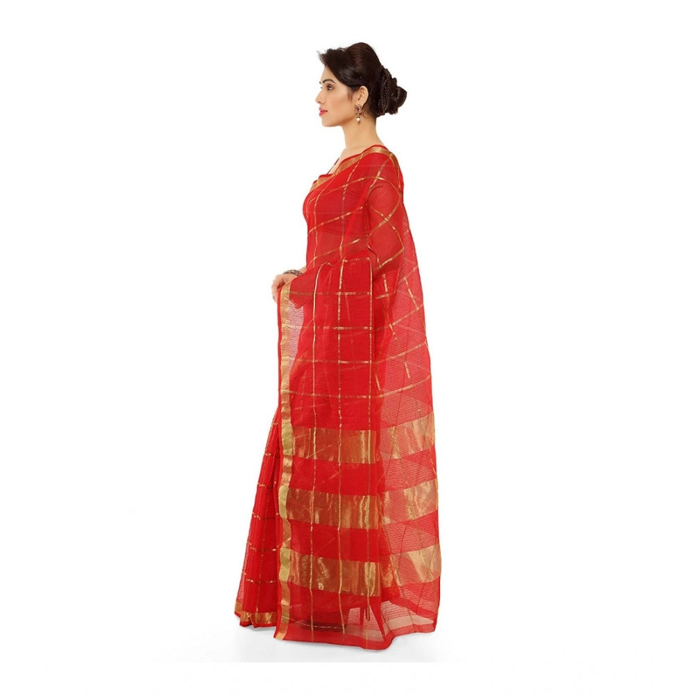 Clasymist Women's Kota Doria Cotton Saree With Blouse (Red,6-3 Mtrs)