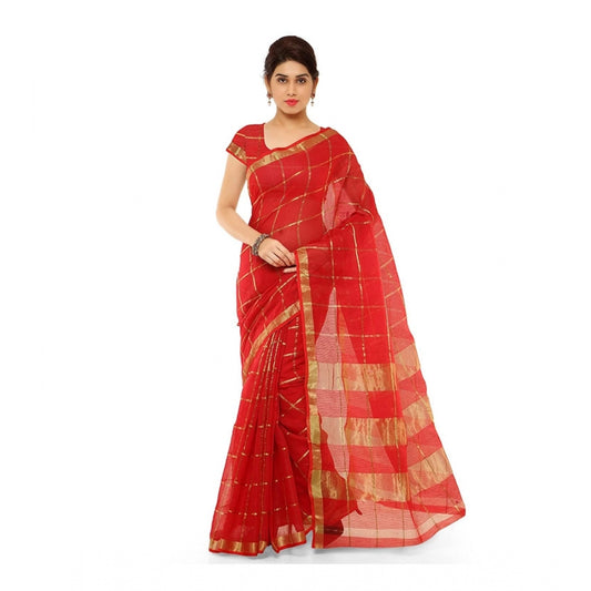 Clasymist Women's Kota Doria Cotton Saree With Blouse (Red,6-3 Mtrs)