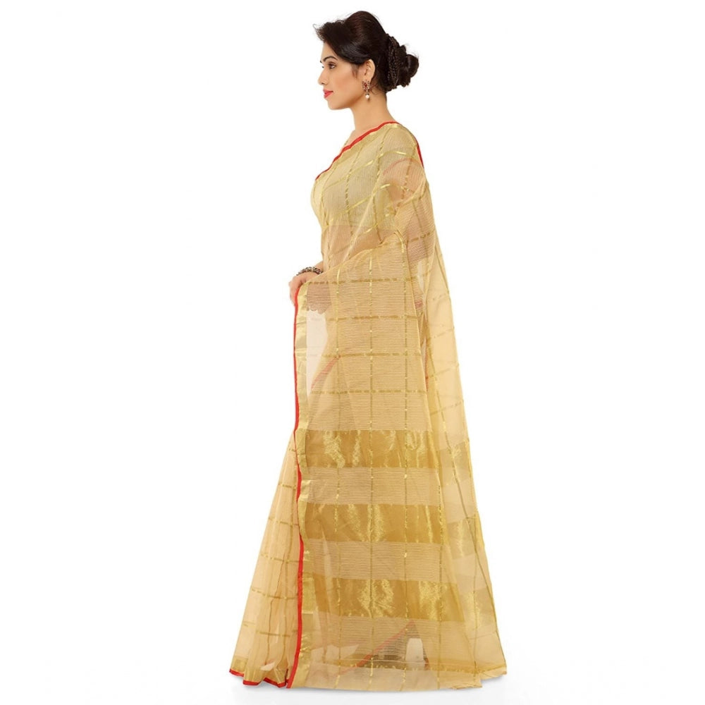 Clasymist Women's Kota Doria Cotton Saree With Blouse (Chikoo,6-3 Mtrs)