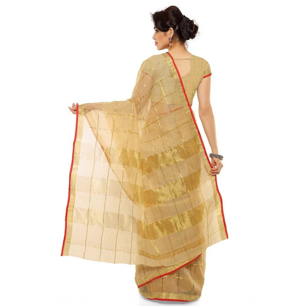 Clasymist Women's Kota Doria Cotton Saree With Blouse (Chikoo,6-3 Mtrs)