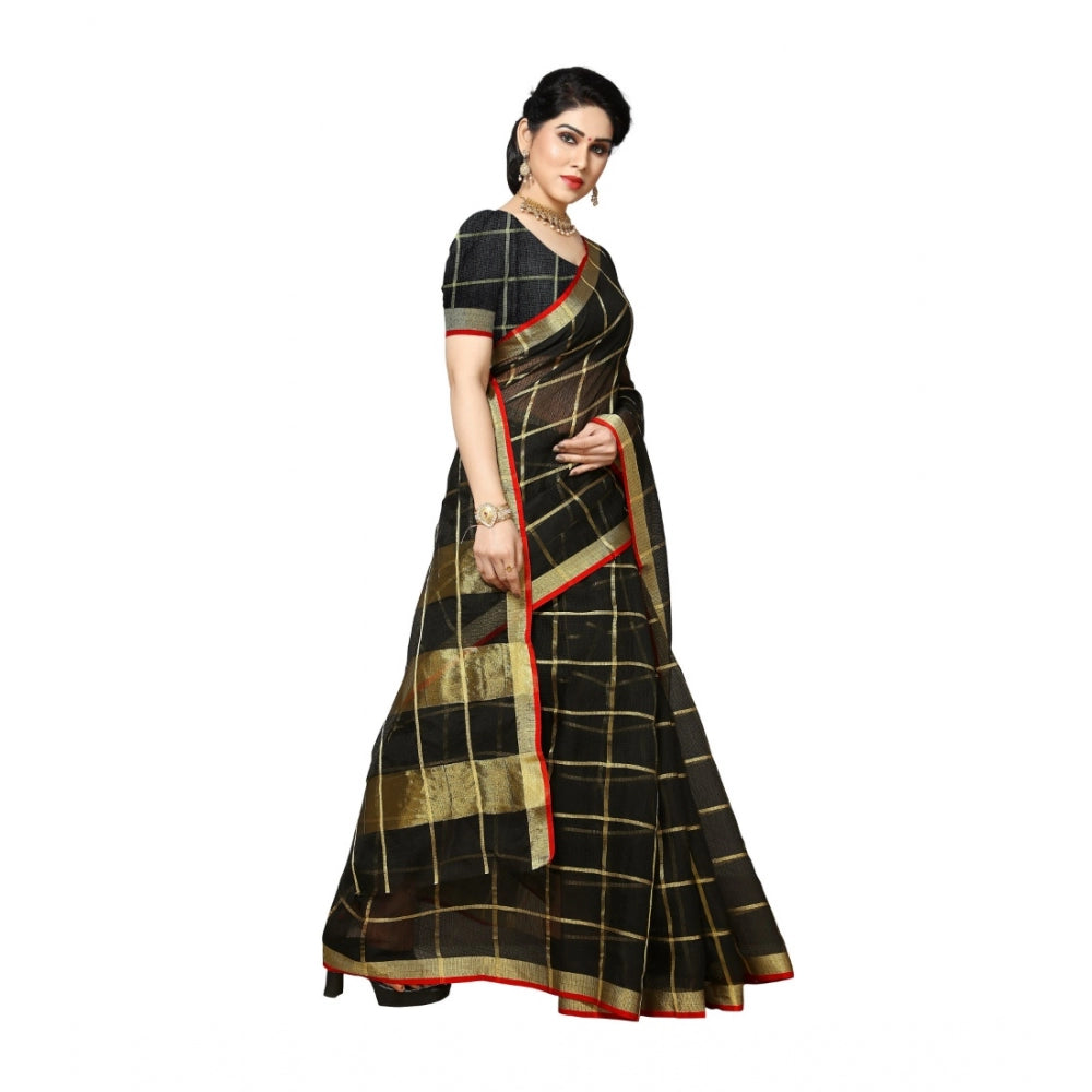 Clasymist Women's Kota Doria Cotton Saree With Blouse (Black,6-3 Mtrs)