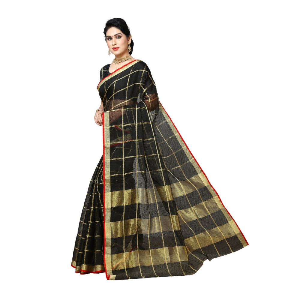 Clasymist Women's Kota Doria Cotton Saree With Blouse (Black,6-3 Mtrs)