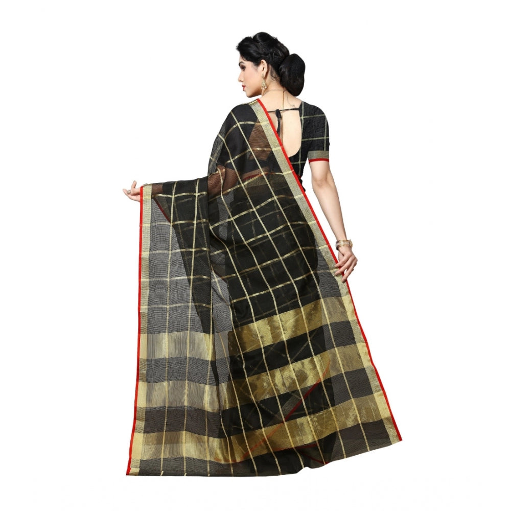 Clasymist Women's Kota Doria Cotton Saree With Blouse (Black,6-3 Mtrs)