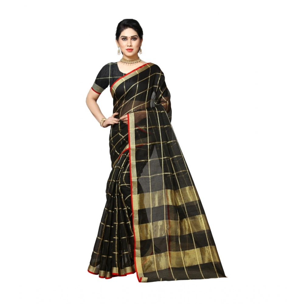 Clasymist Women's Kota Doria Cotton Saree With Blouse (Black,6-3 Mtrs)