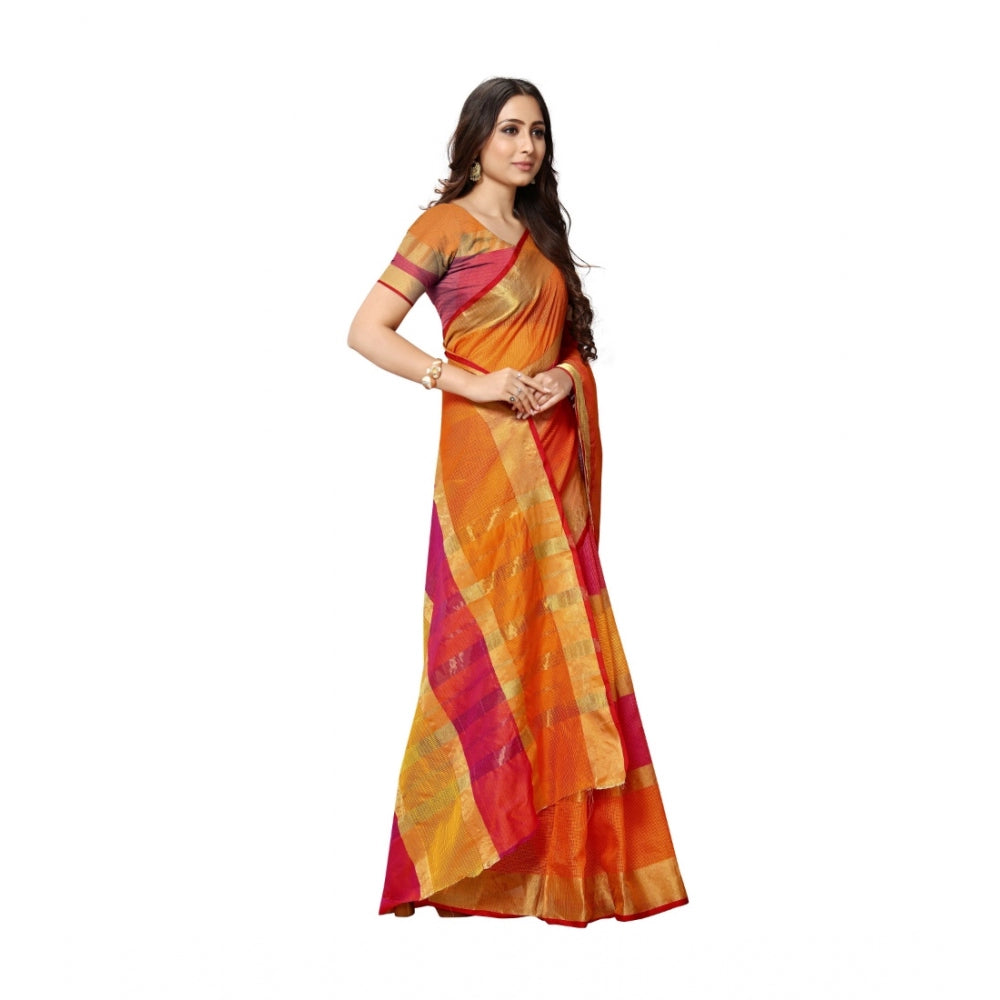 Clasymist Women's Kota Doria Cotton Saree With Blouse (Orange,6-3 Mtrs)