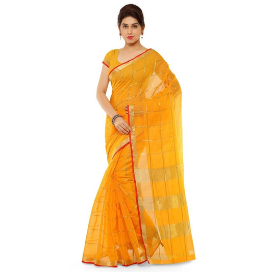 Clasymist Women's Kota Doria Cotton Saree With Blouse (Yellow,6-3 Mtrs)