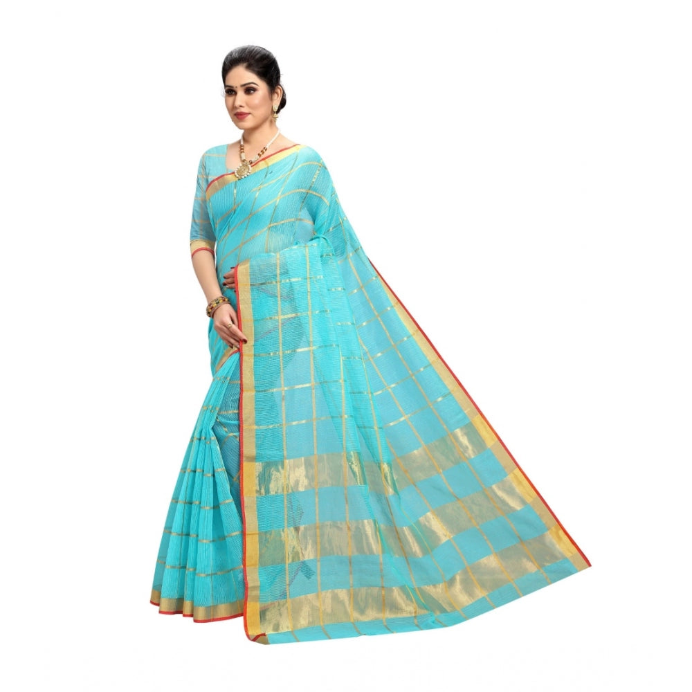 Clasymist Women's Kota Doria Cotton Saree With Blouse (Sky Blue,6-3 Mtrs)