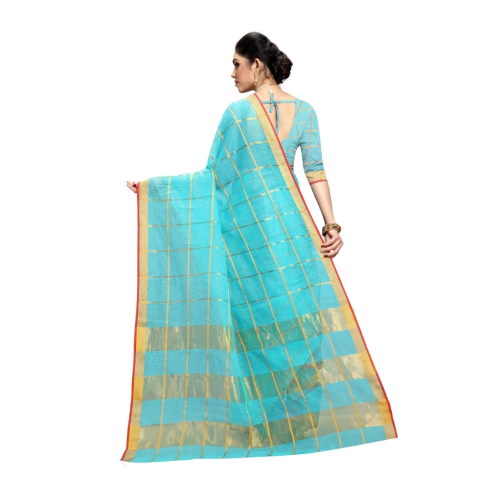 Clasymist Women's Kota Doria Cotton Saree With Blouse (Sky Blue,6-3 Mtrs)