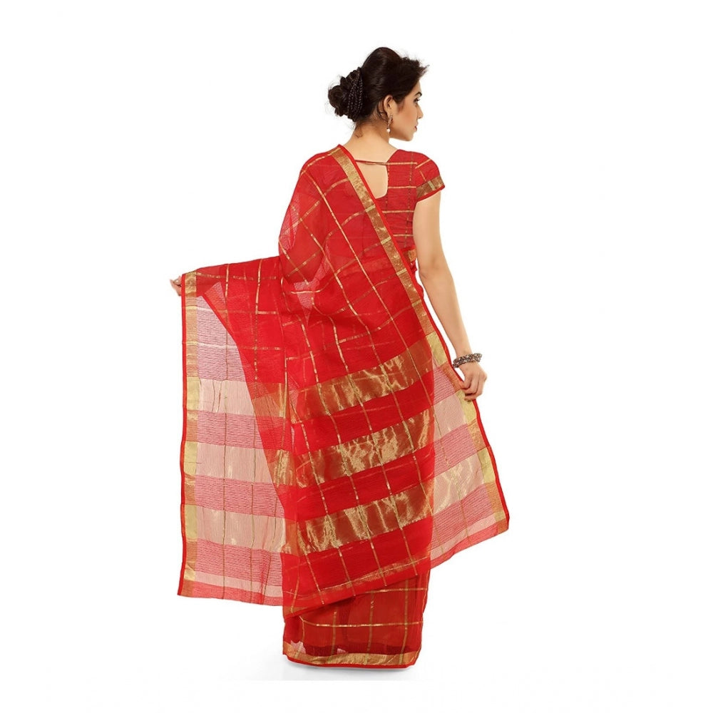 Clasymist Women's Kota Doria Cotton Saree With Blouse (Red,6-3 Mtrs)