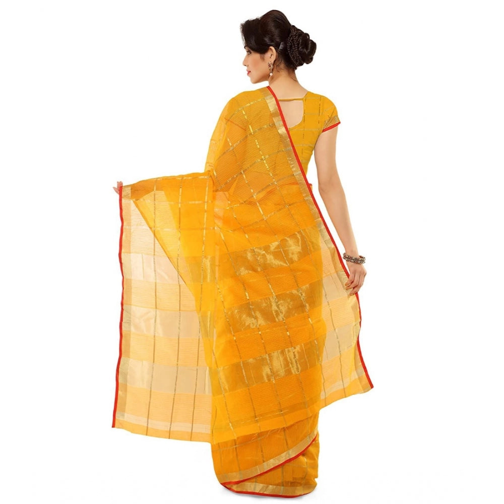 Clasymist Women's Kota Doria Cotton Saree With Blouse (Yellow,6-3 Mtrs)