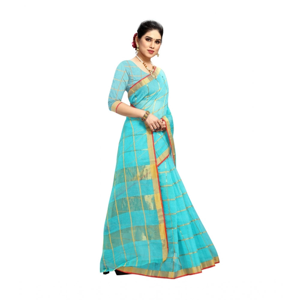 Clasymist Women's Kota Doria Cotton Saree With Blouse (Sky Blue,6-3 Mtrs)