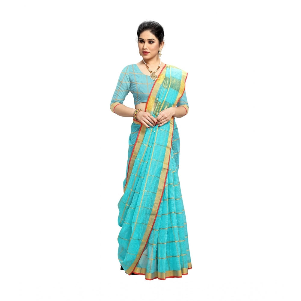 Clasymist Women's Kota Doria Cotton Saree With Blouse (Sky Blue,6-3 Mtrs)