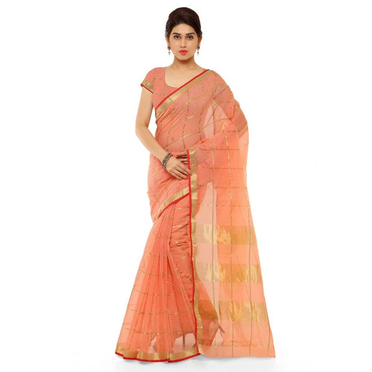 Clasymist Women's Kota Doria Cotton Saree With Blouse (Peach,6-3 Mtrs)