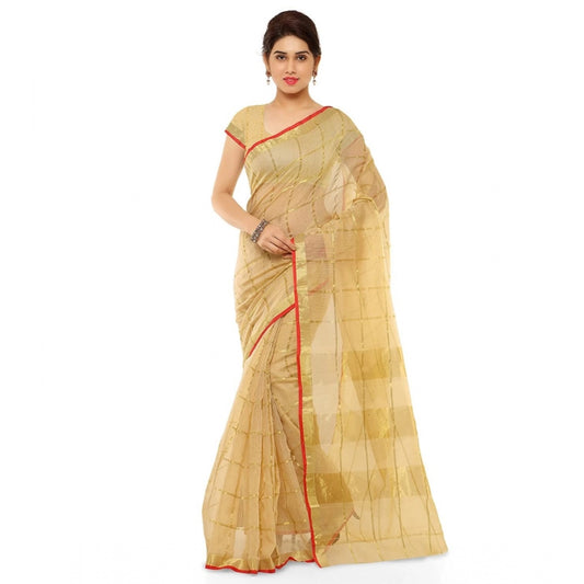 Clasymist Women's Kota Doria Cotton Saree With Blouse (Chikoo,6-3 Mtrs)