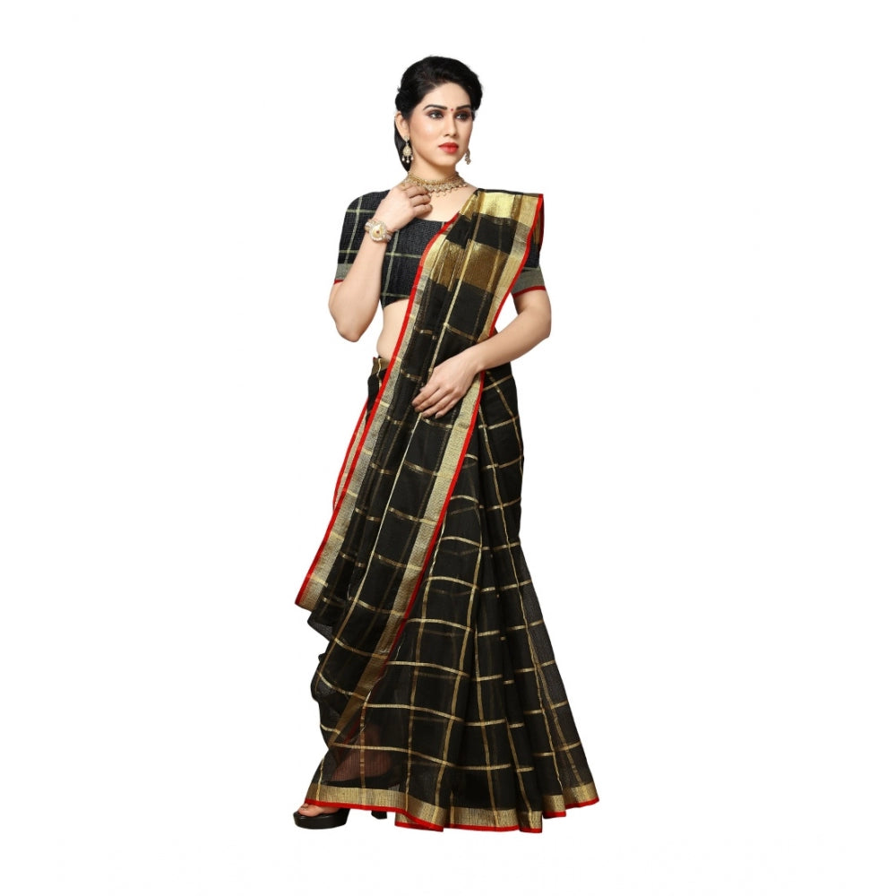 Clasymist Women's Kota Doria Cotton Saree With Blouse (Black,6-3 Mtrs)