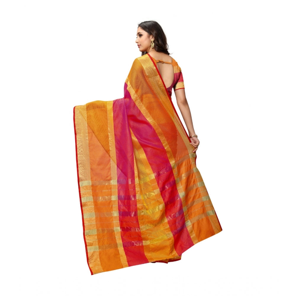 Clasymist Women's Kota Doria Cotton Saree With Blouse (Orange,6-3 Mtrs)