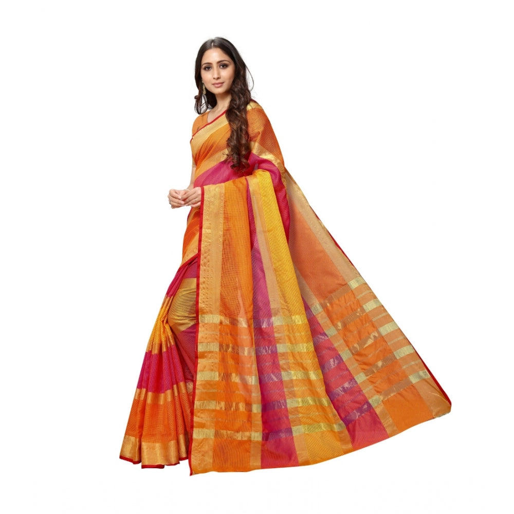 Clasymist Women's Kota Doria Cotton Saree With Blouse (Orange,6-3 Mtrs)