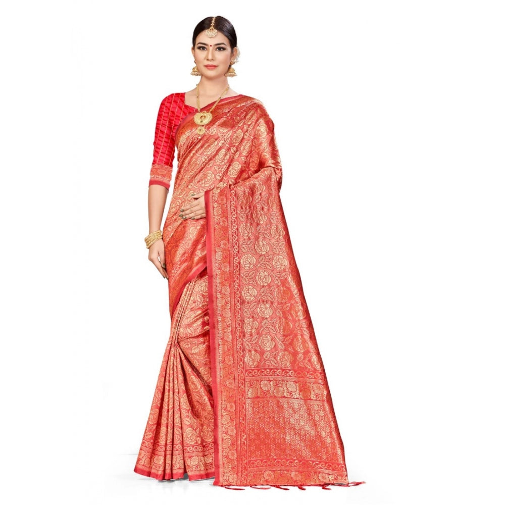 Clasymist Women's Banarasi Silk Saree (Peach,5-6 Mtrs)