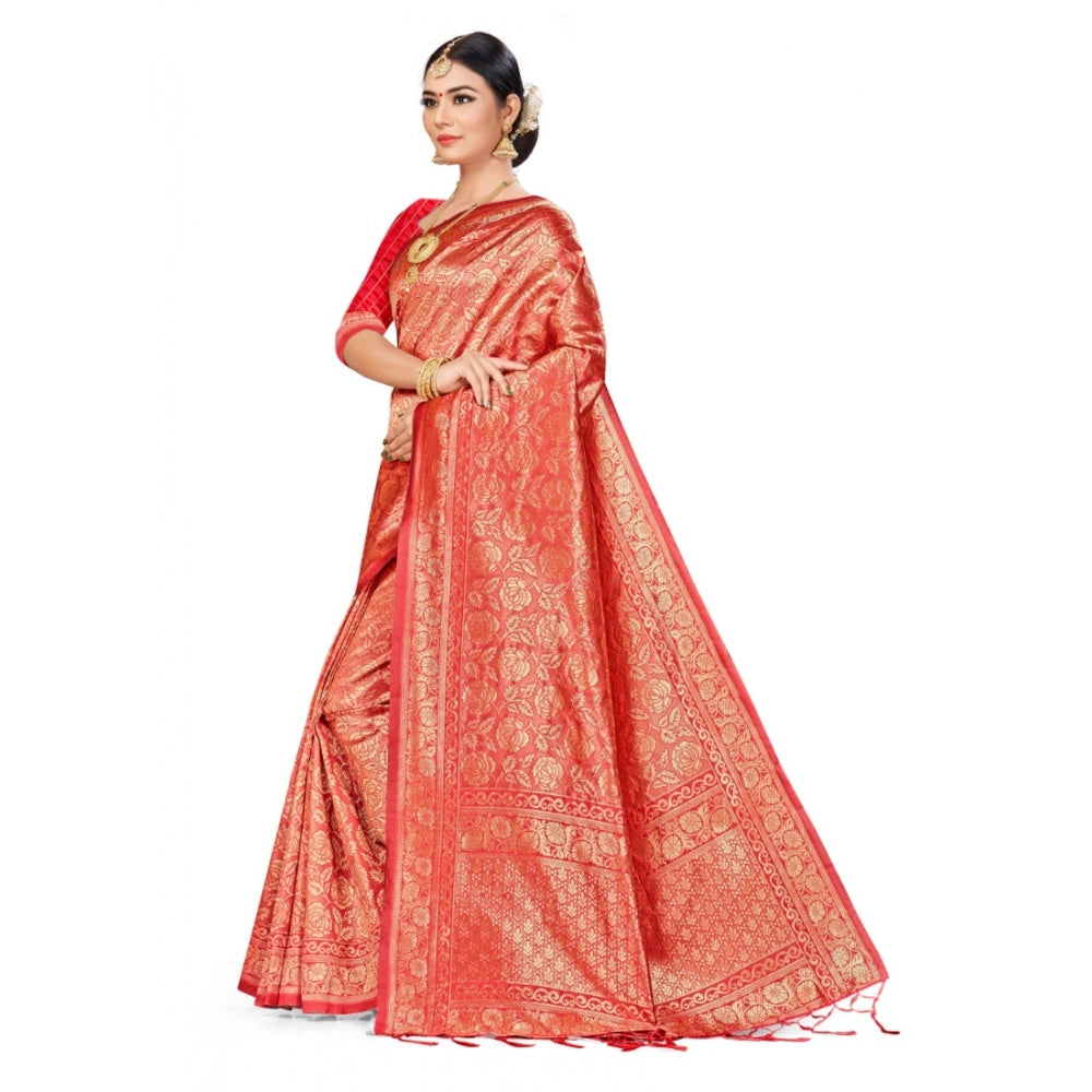 Clasymist Women's Banarasi Silk Saree (Peach,5-6 Mtrs)