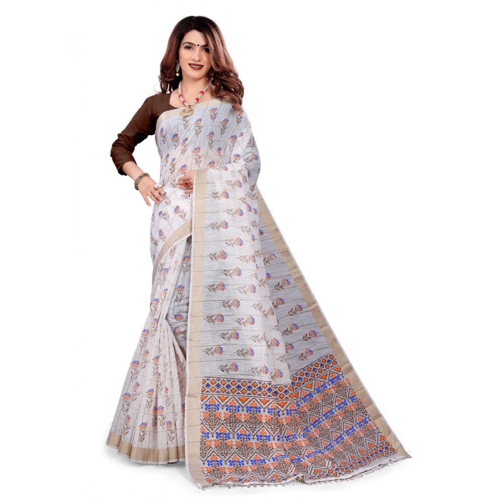 Clasymist Women's Cotton Blend Saree(White ,5-6Mtrs)