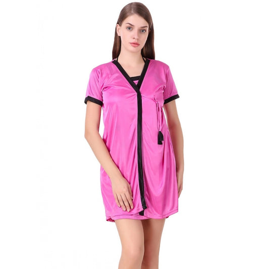 Clasymist Women's Satin Short Wrap Gown with Half Sleeve(Color: Pink and Black, Neck Type: V Neck)