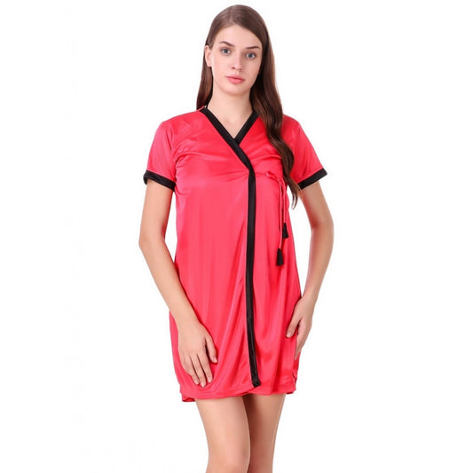 Clasymist Women's Satin Short Wrap Gown with Half Sleeve(Color: Coral Red and Black, Neck Type: V Neck)