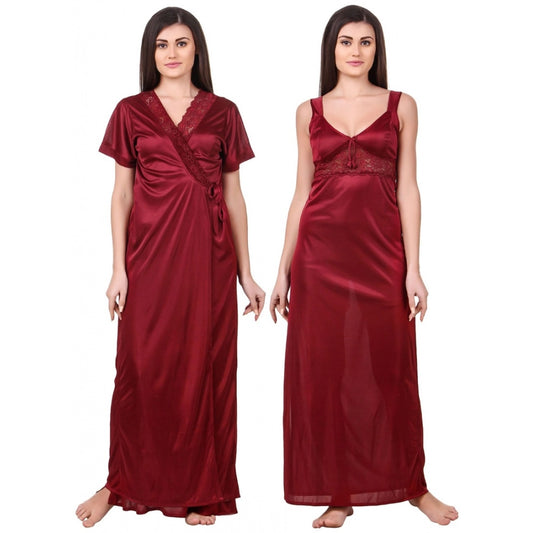 Clasymist Women's Satin 2 PCs Set of Nighty And Wrap Gown with Half Sleeve(Color: Maroon, Neck Type: Sweatheart Neck)