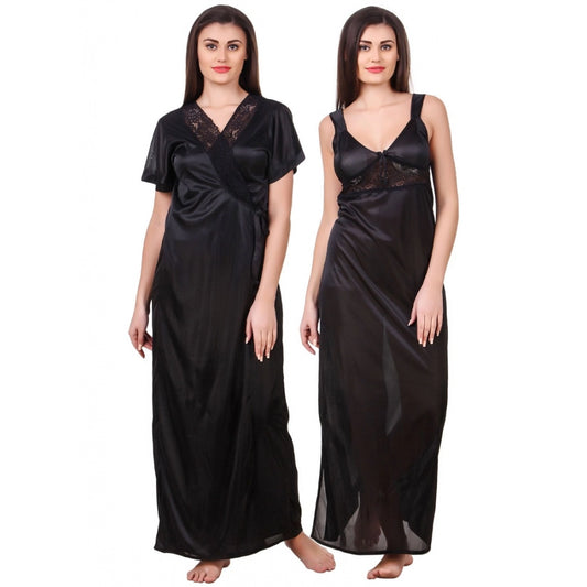 Clasymist Women's Satin 2 PCs Set of Nighty And Wrap Gown with Half Sleeve(Color: Black, Neck Type: Sweatheart Neck)