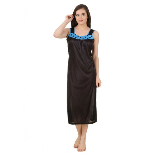 Clasymist Women's Satin Long Nighty with Sleeve Less(Color: Turquoise and Black, Neck Type: U Neck)