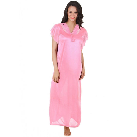 Clasymist Women's Satin Long Nighty Frill Sleeve(Color: Baby Pink, Neck Type: V Neck)