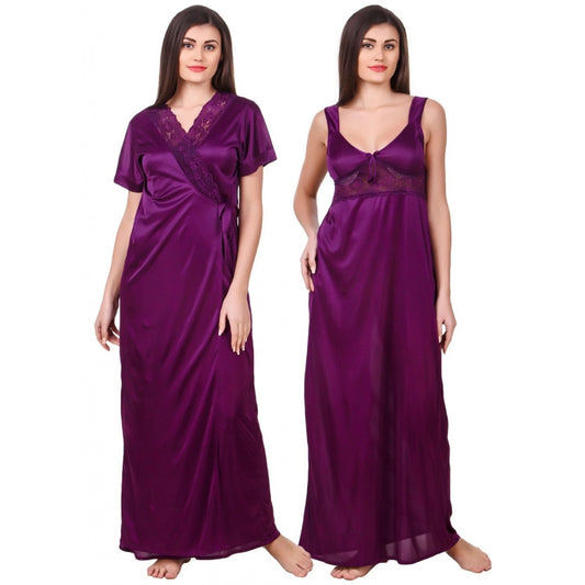 Clasymist Women's Satin 2 PCs Set of Nighty And Wrap Gown with Half Sleeve(Color: Purple, Neck Type: Sweatheart Neck)