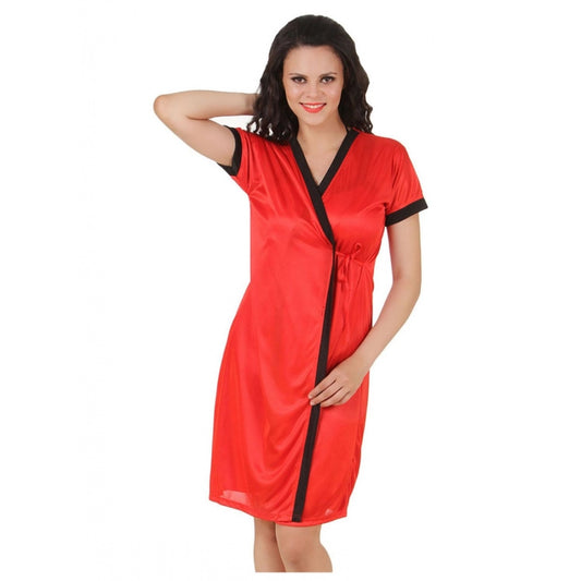 Clasymist Women's Satin Short Wrap Gown with Half Sleeve(Color: Red, Neck Type: V Neck)