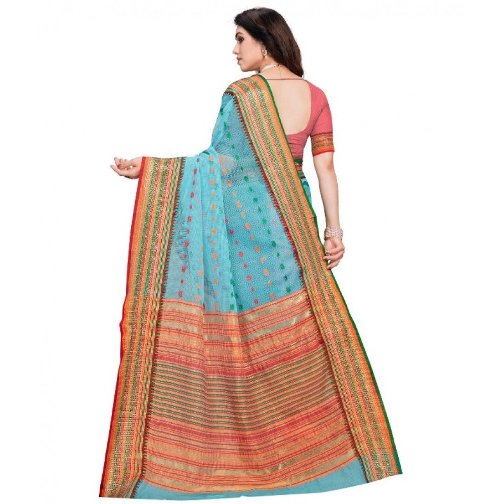 Clasymist Women's Kota Doria Cotton Woven Butta Saree With Blouse (Sky Blue, 5-6 Mtrs)