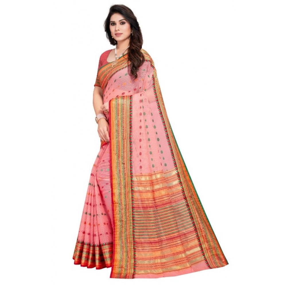 Clasymist Women's Kota Doria Cotton Woven Butta Saree With Blouse (Pink, 5-6 Mtrs)