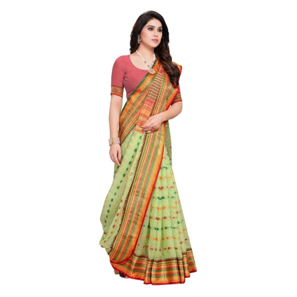 Clasymist Women's Kota Doria Cotton Woven Butta Saree With Blouse (Light Green, 5-6 Mtrs)