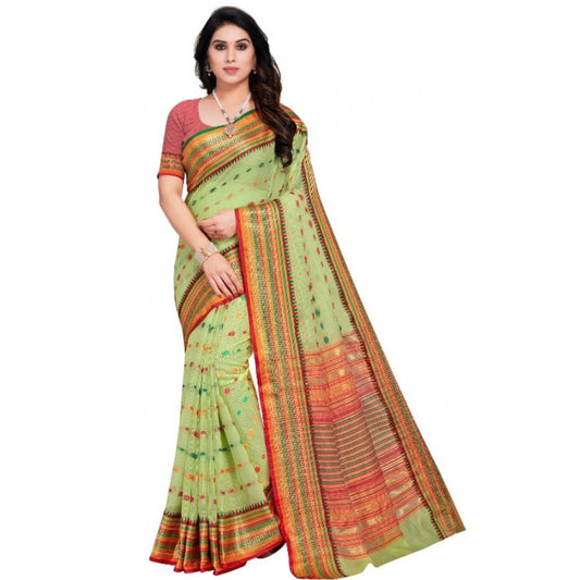 Clasymist Women's Kota Doria Cotton Woven Butta Saree With Blouse (Light Green, 5-6 Mtrs)