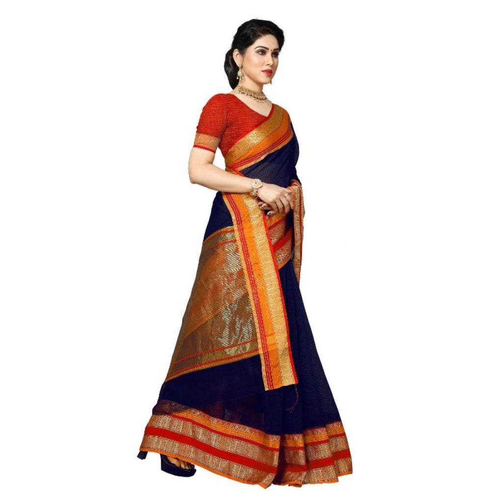 Clasymist Women's Kota Doria Cotton Border Saree With Blouse (Navy Blue, 5-6 Mtrs)