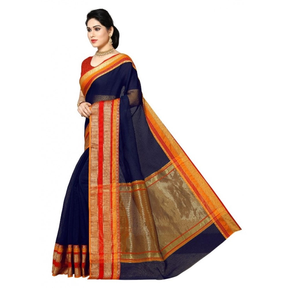 Clasymist Women's Kota Doria Cotton Border Saree With Blouse (Navy Blue, 5-6 Mtrs)