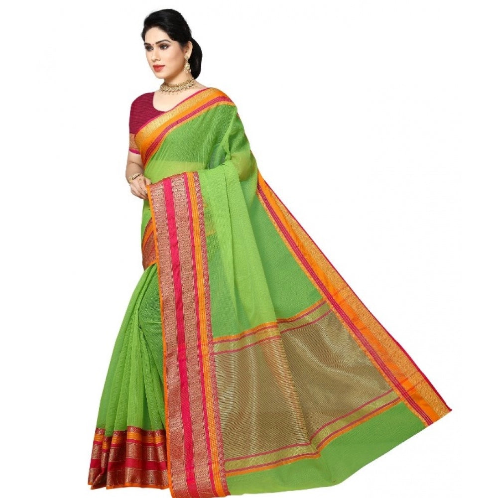 Clasymist Women's Kota Doria Cotton Border Saree With Blouse (Light Green, 5-6 Mtrs)