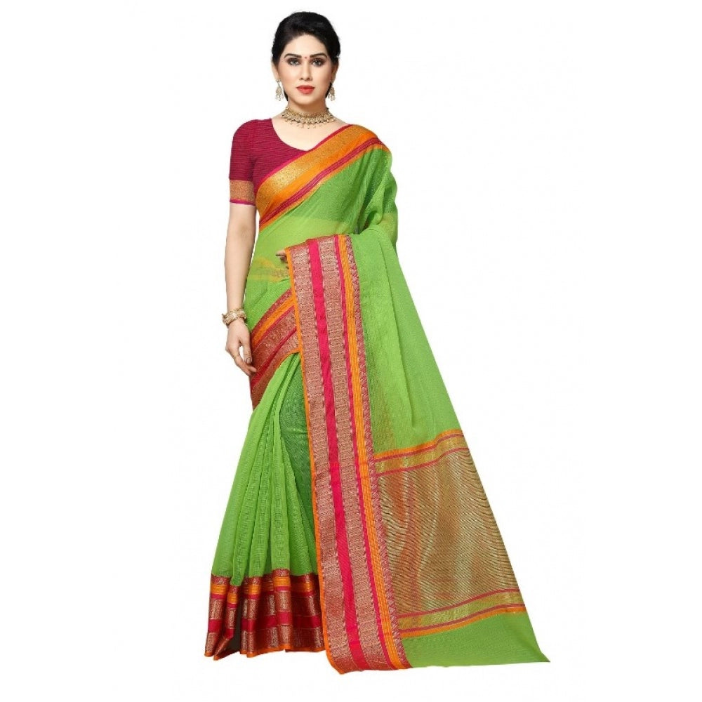 Clasymist Women's Kota Doria Cotton Border Saree With Blouse (Light Green, 5-6 Mtrs)