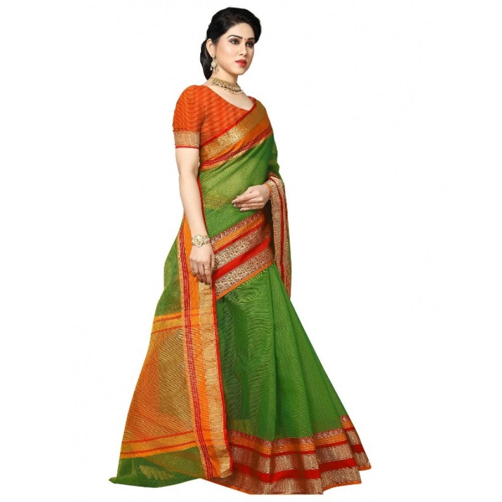 Clasymist Women's Kota Doria Cotton Border Saree With Blouse (Green, 5-6 Mtrs)