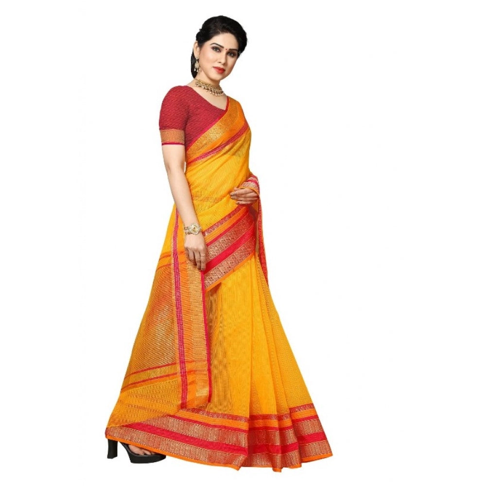 Clasymist Women's Kota Doria Cotton Border Saree With Blouse (Gold, 5-6 Mtrs)