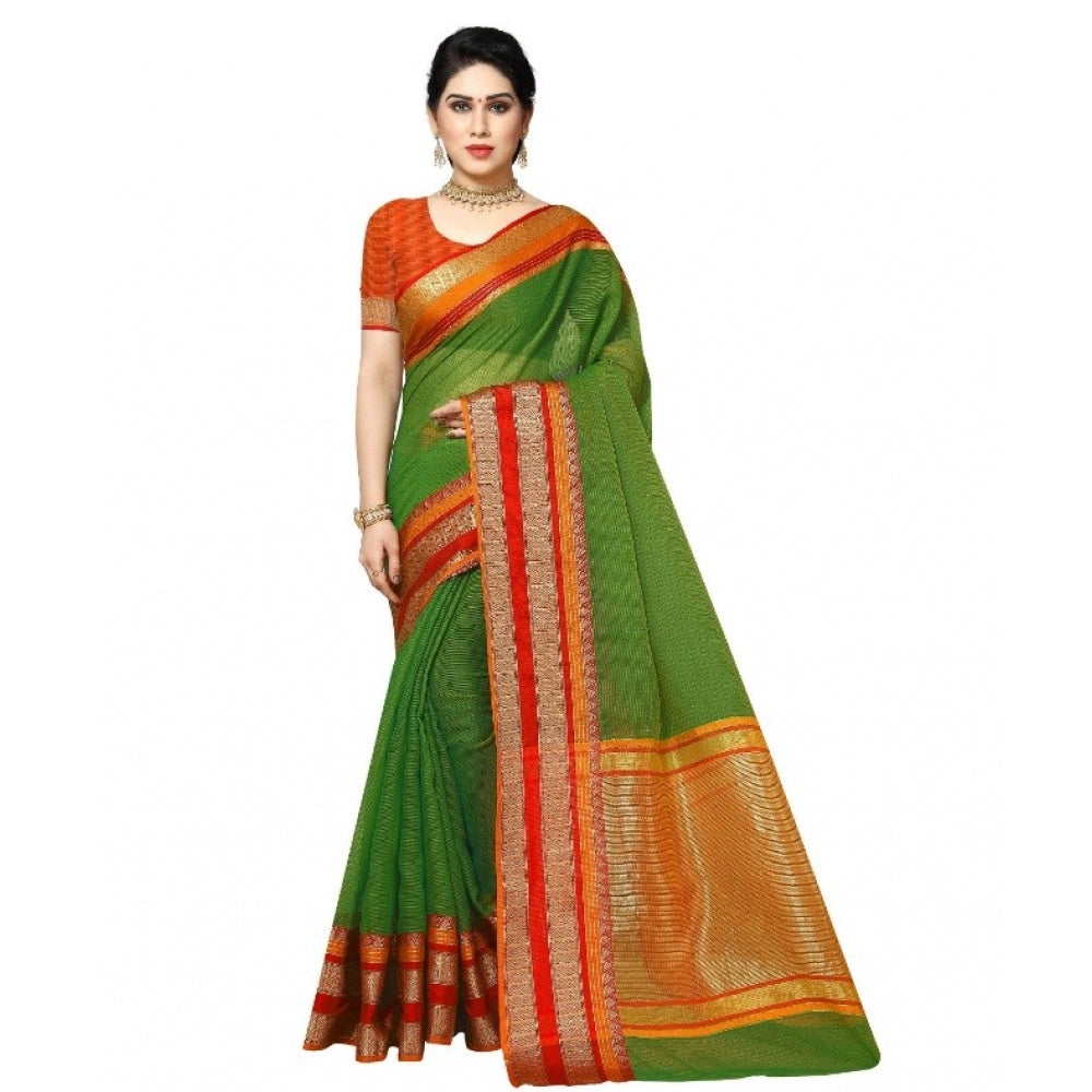 Clasymist Women's Kota Doria Cotton Border Saree With Blouse (Green, 5-6 Mtrs)