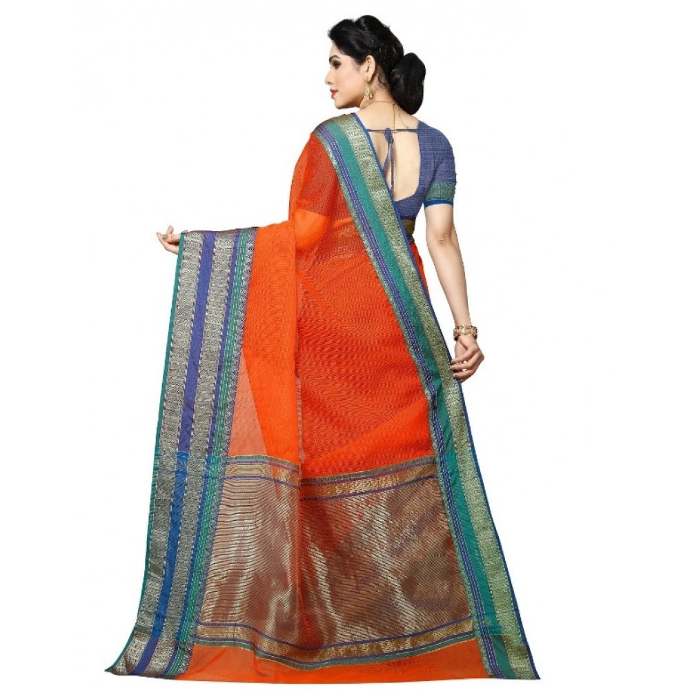 Clasymist Women's Kota Doria Cotton Border Saree With Blouse (Fanta, 5-6 Mtrs)