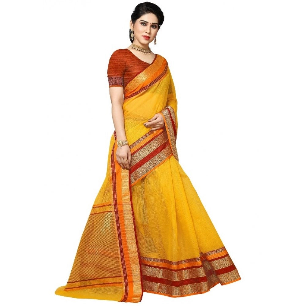 Clasymist Women's Kota Doria Cotton Border Saree With Blouse (Yellow, 5-6 Mtrs)