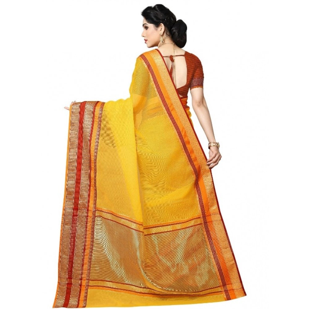 Clasymist Women's Kota Doria Cotton Border Saree With Blouse (Yellow, 5-6 Mtrs)