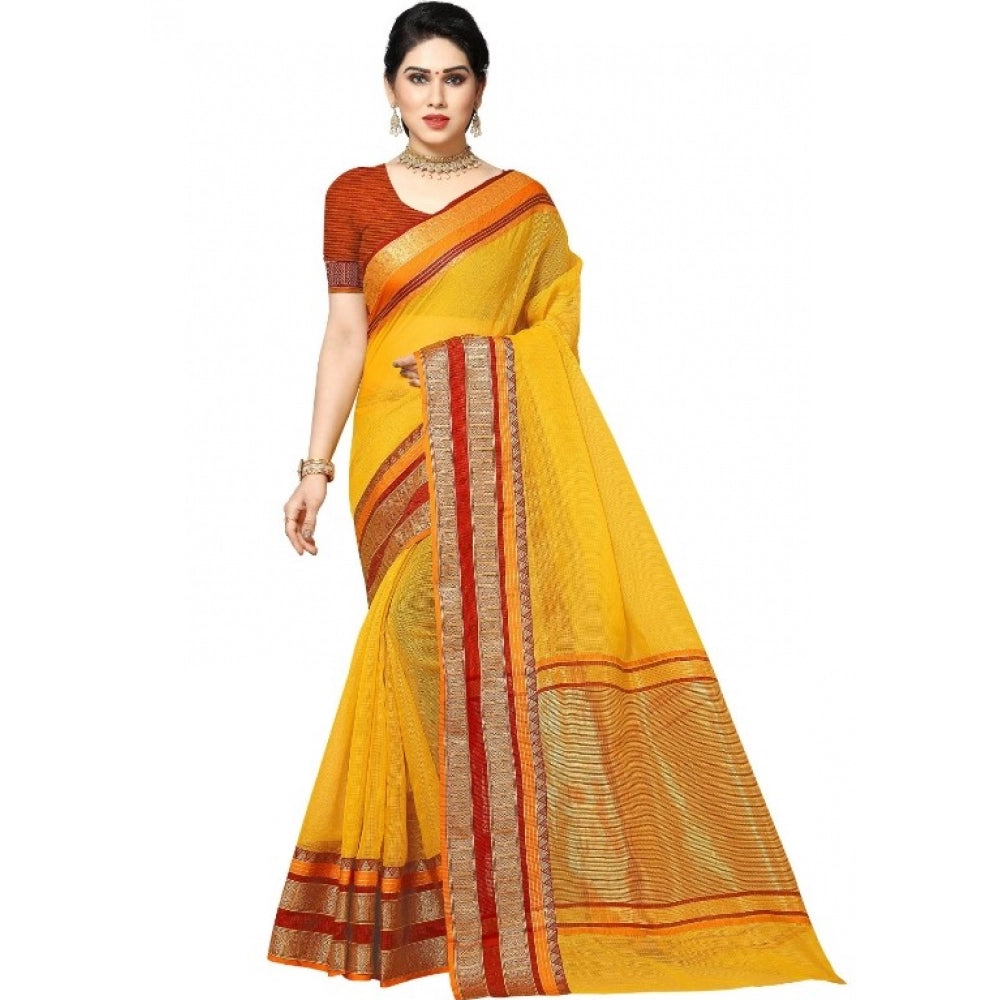 Clasymist Women's Kota Doria Cotton Border Saree With Blouse (Yellow, 5-6 Mtrs)