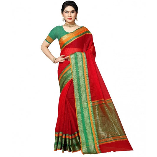 Clasymist Women's Kota Doria Cotton Border Saree With Blouse (Red, 5-6 Mtrs)